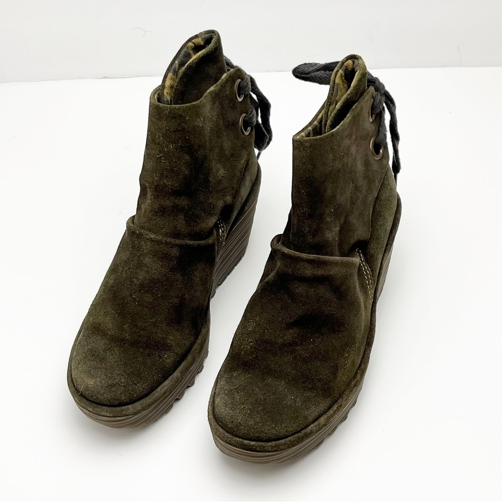 FLY LONDON Yama Olive Green Suede Back Lace Platform Wedge Ankle Booties 5.5/6 - Picture 10 of 11
